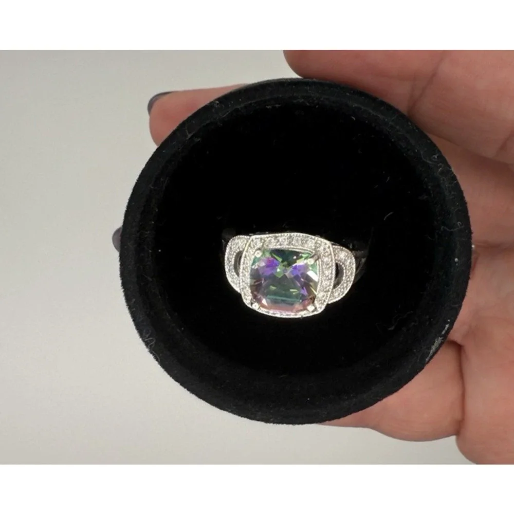 Mystic Topaz Halo Ring Sterling Silver Cushion 9mm Split Shank Sz 8